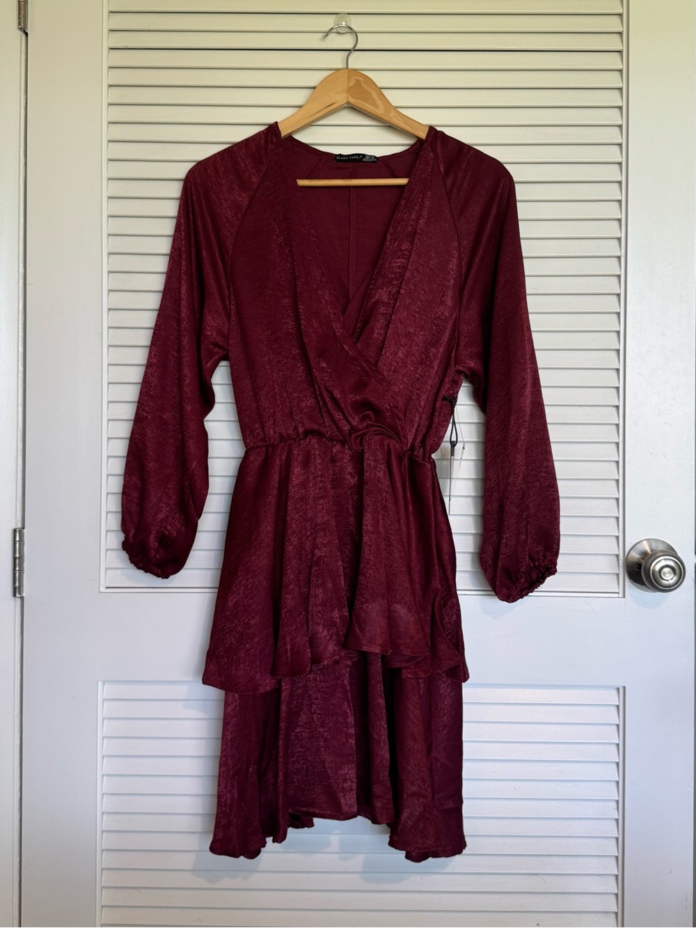 Black Tape Wrap-Style Long Sleeve Dress in Sangria